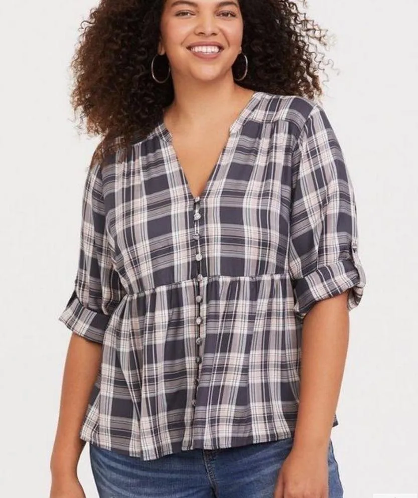 Grey Plaid Babydoll Rayon Twill Button-Front Top - Image 2