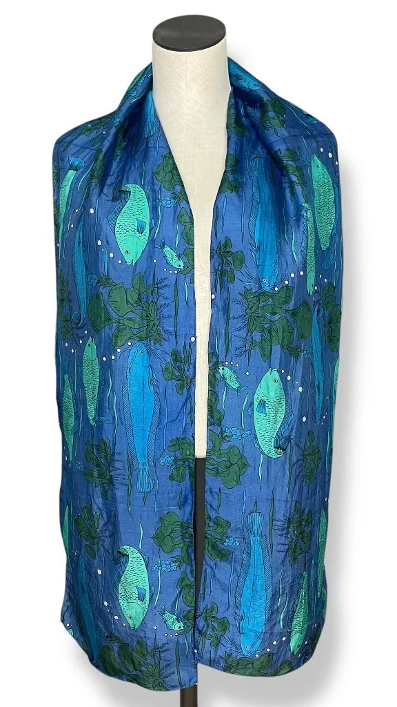 Fish Scarf Rectangular Long Blue Green Eclectic Artsy Nature Scene Water Women - Image 1