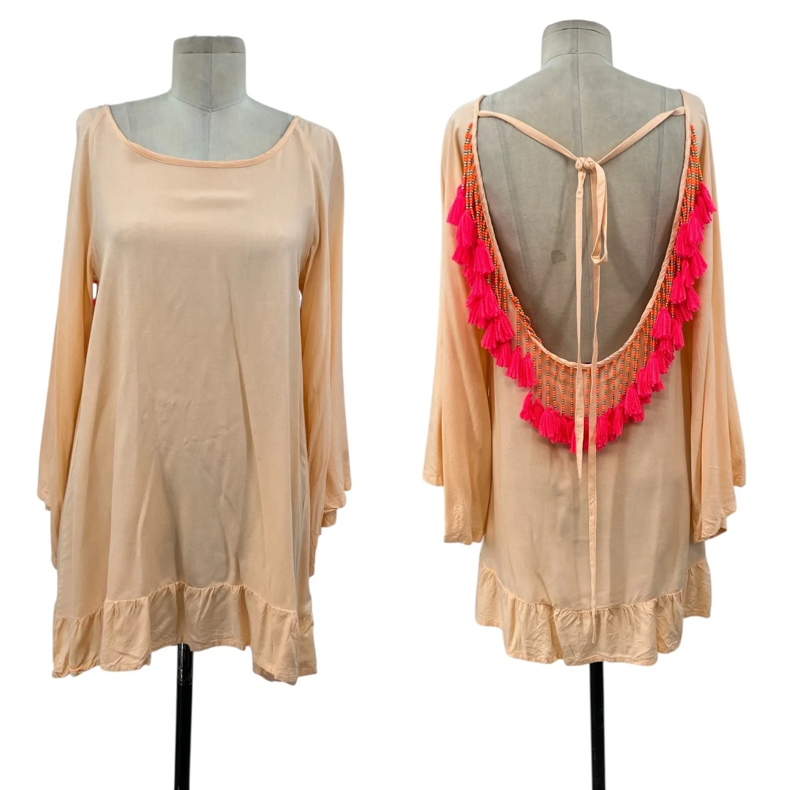 Sundress Indiana Dress‎ Tunic Beach Tasseled Beaded Peach Neon Pink Size XS Orange - Image 3