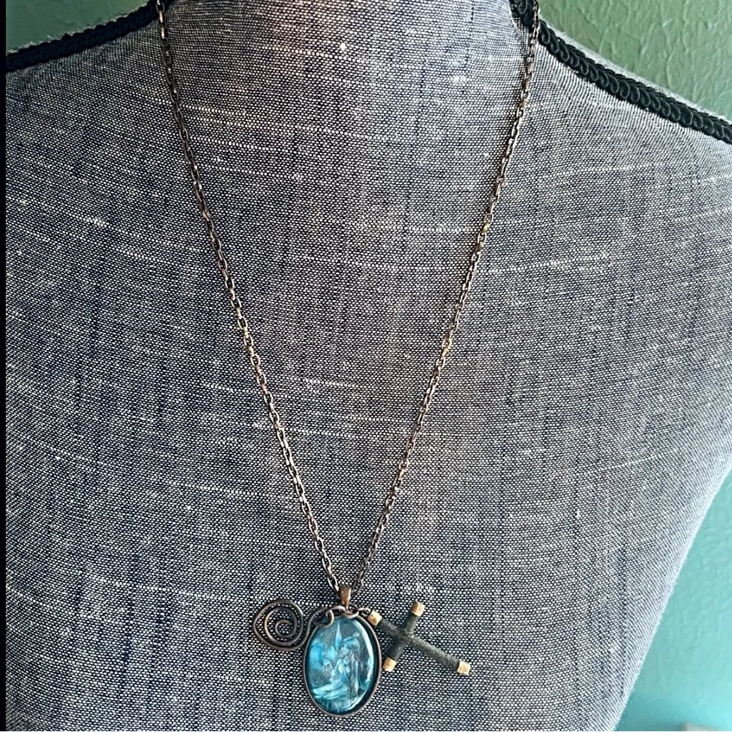 Artisan Crafted Fairy Cross Pendant Necklace Copper NWT NEW Fairycorp Christian Blue - Image 3