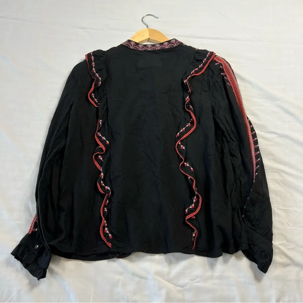 Zara Women's XS Premium Denim Collection Floral Embroidered Blouse Ruffled Top - Image 5