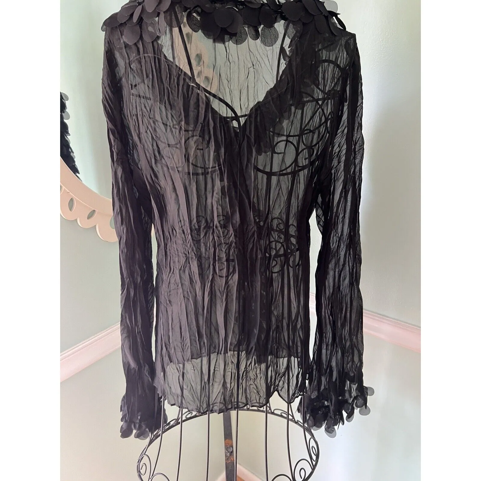 Punk Rave Goth Rock Fashion Black L/S Shirt Tops Steampunk Sheer L Y2k Collared Size L - Image 3