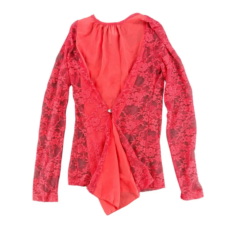 Vintage Y2K Hot Pink Lace Sheer Long Sleeve Blouse Retro Coquette Small - Image 5