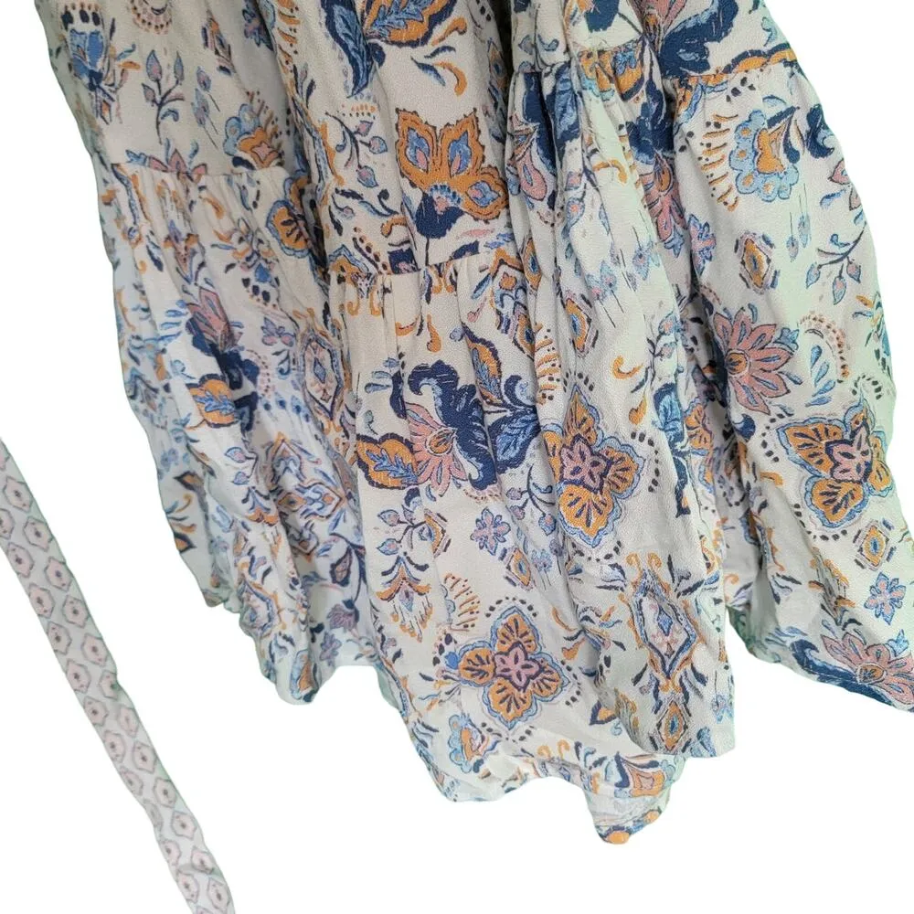 Lucky Brand White Blue Peasant Boho Puff Sleeve V Neck Midi Dress Size Medium - Image 7