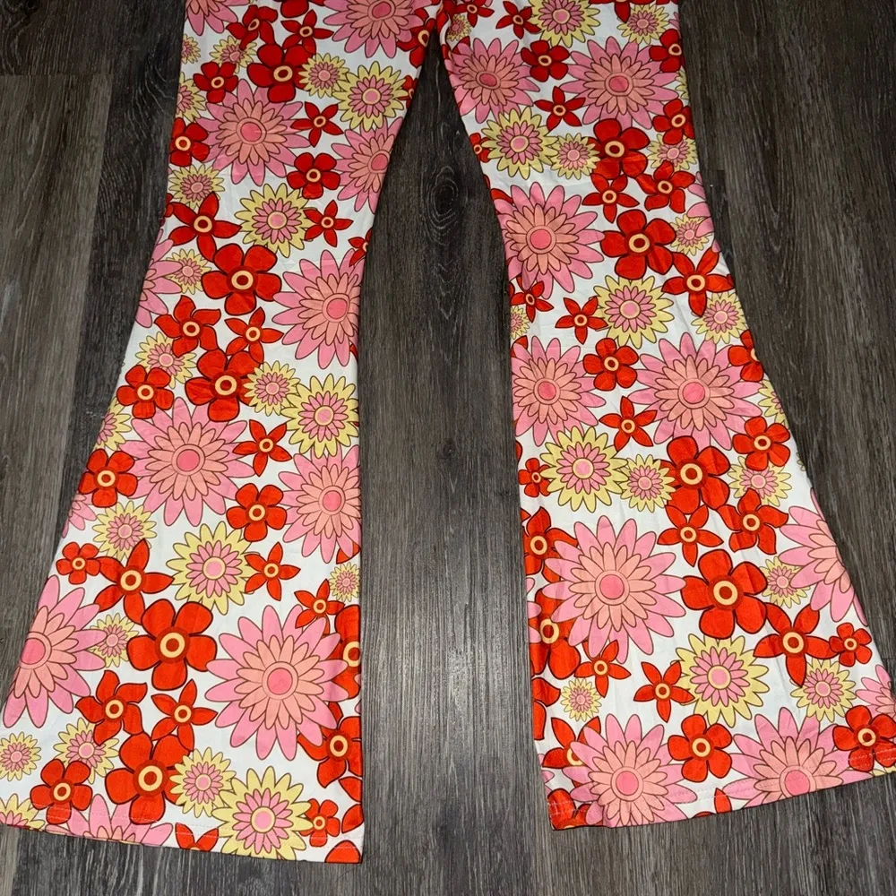 Red & Pink Floral Flare Hippie Pants - Image 7