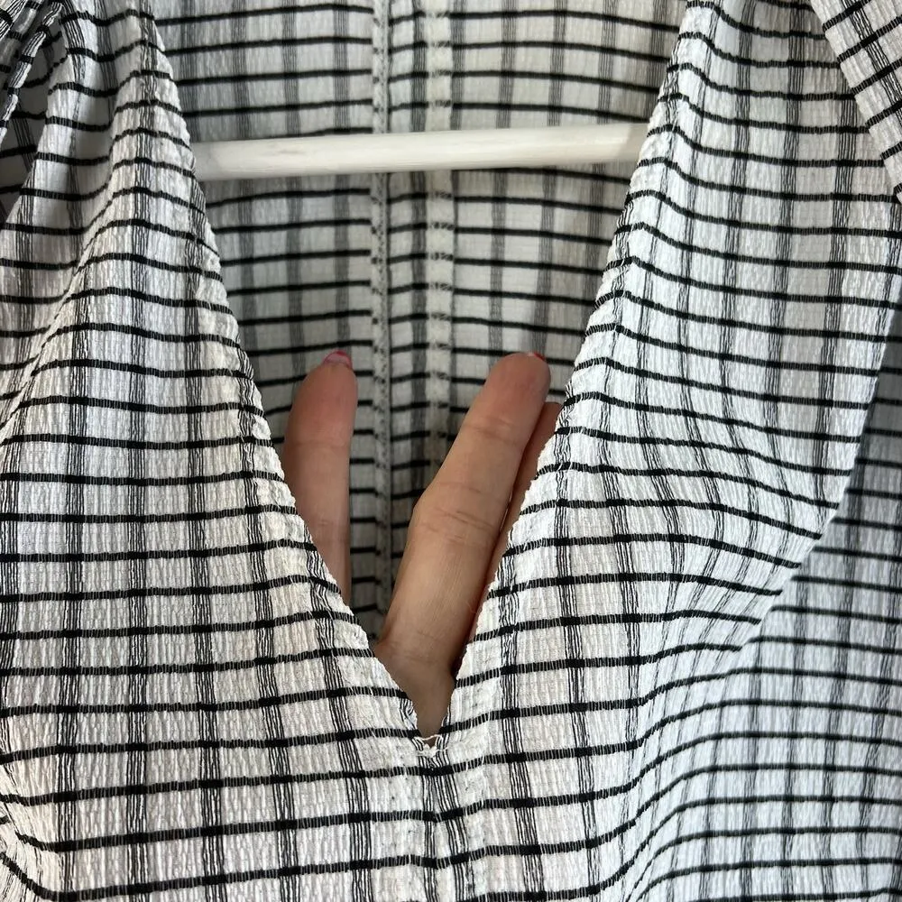 Max Studio 1X Top V-Neck Blouse Tie Neck Crepe White Black Plaid 3/4 Sleeve - Image 6