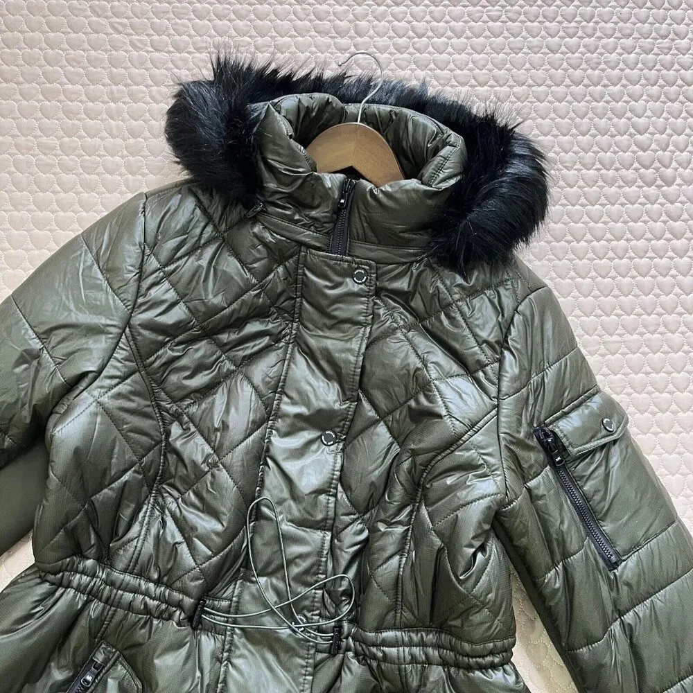 NWT Michael Kors Quilted Women Long Puffer Coat w/ Fur Hoodie Olive Size 1X - Image 6