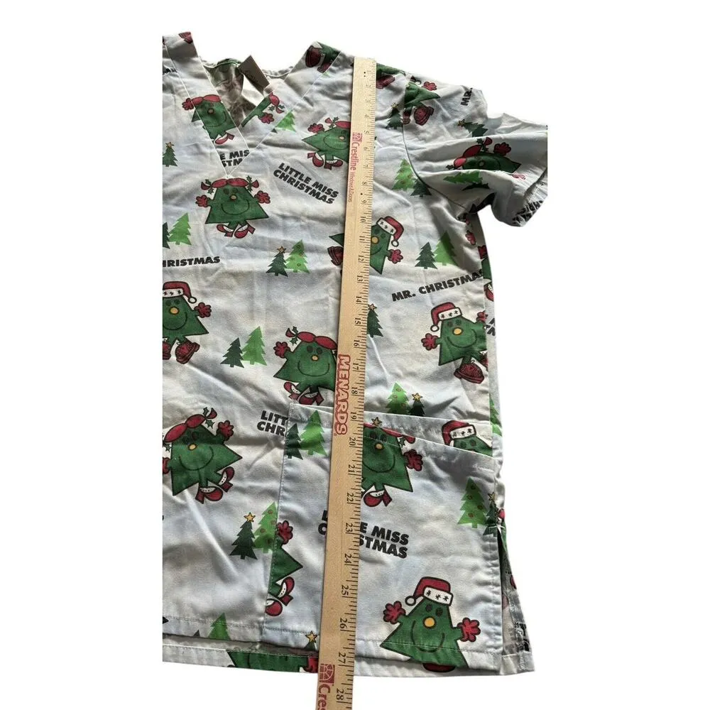 Little Miss Christmas Scrub Top Medium Women's Trees Holiday Mr Men Little Miss - Image 3