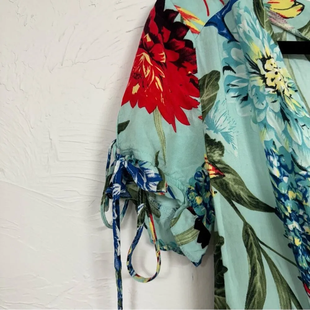 Umgee Green Floral Romper Womens S Tropical Beachy Vacation Short Sleeve Casual - Image 2