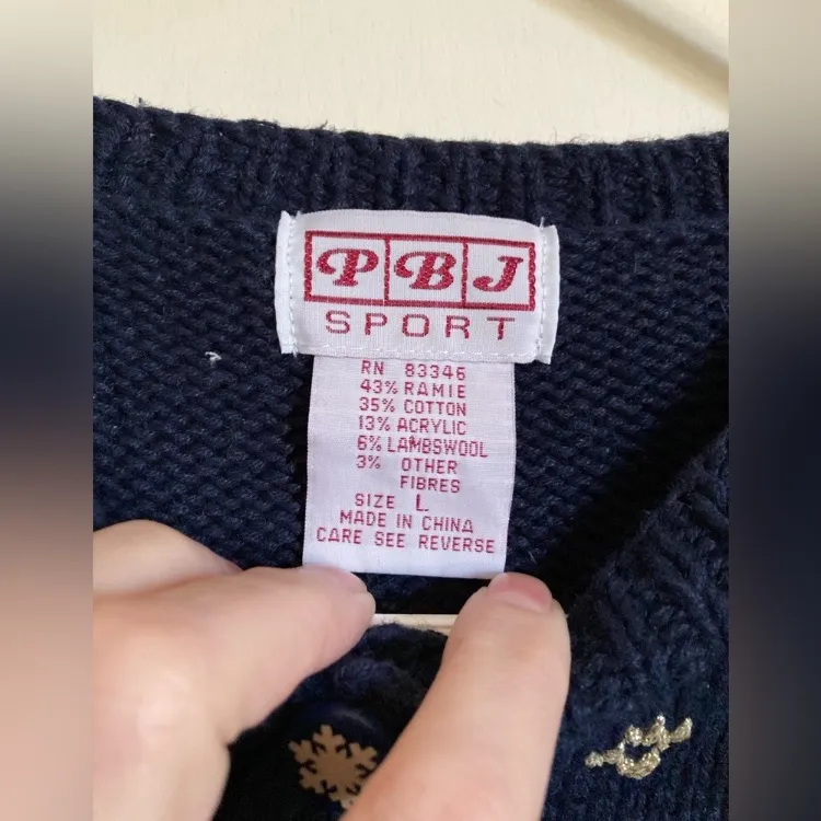 PBJ Sport Vintage Navy Ugly Christmas Ramie Blend Button Up Cardigan Sweater Blue Size L - Image 2