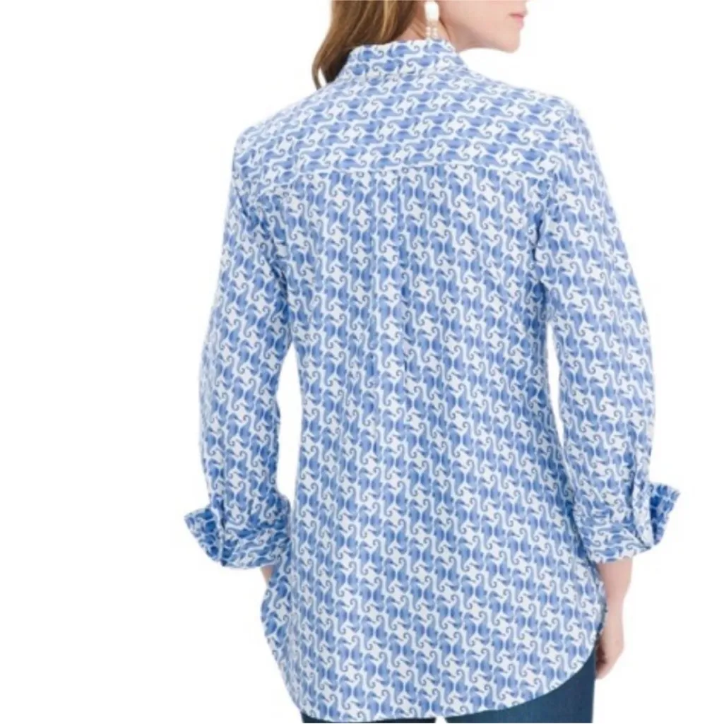 Chico's No Iron Stretch Blue Seahorse Cuffed Sleeve Button Down Shirt SIze 16 - Image 3