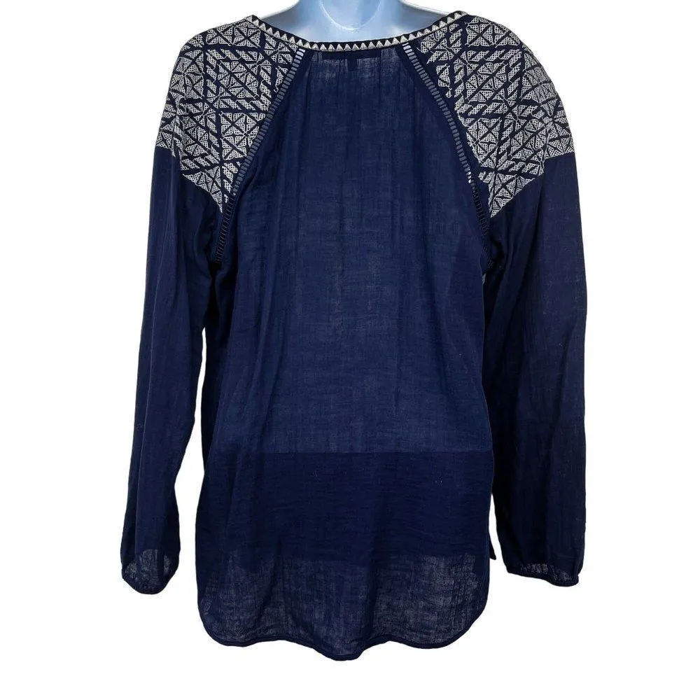 Daniel Rainn Embroidered Long Sleeve Semi Sheer Boho Tassel Top Blouse Blue - Image 2