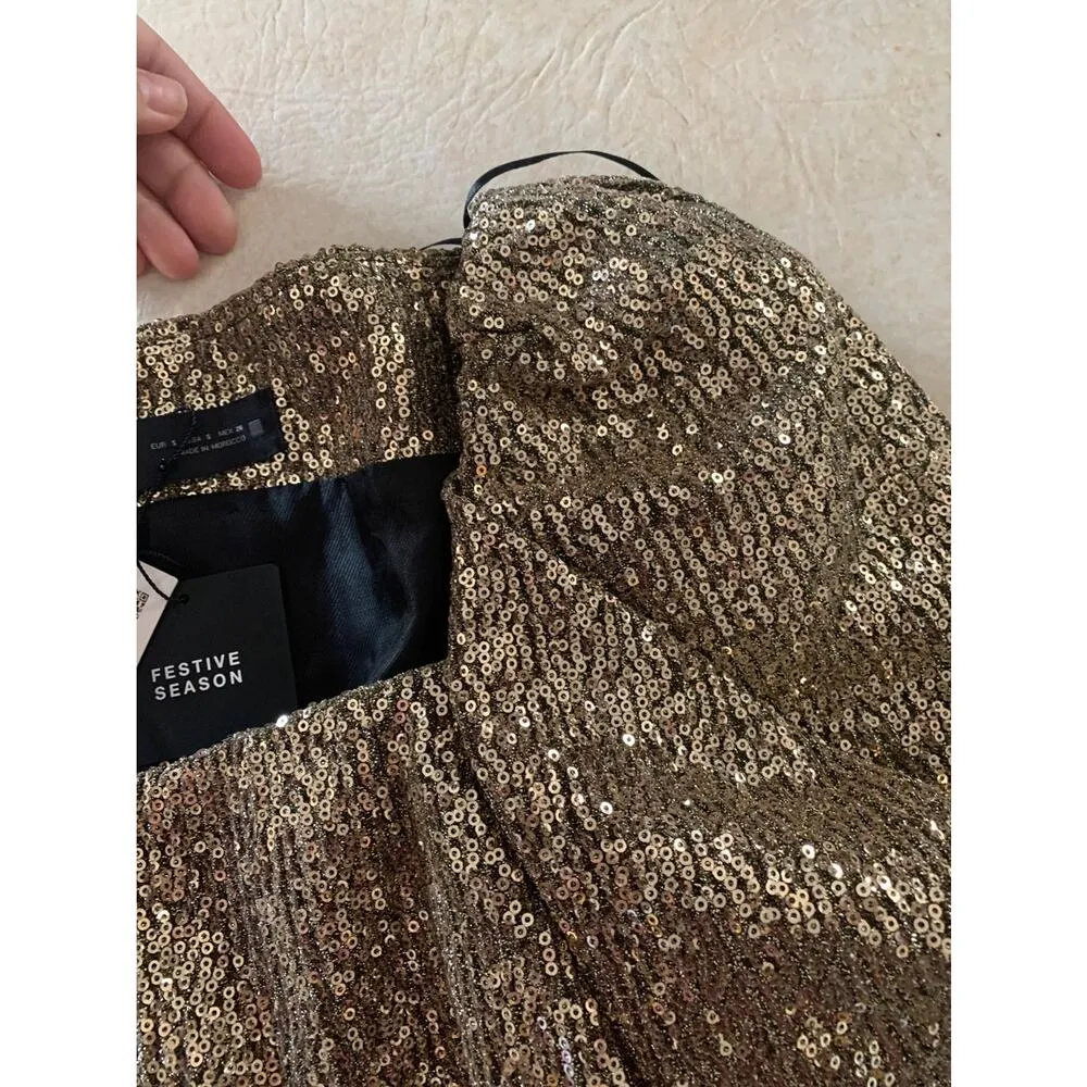 Zara womens small gold sequin mini dress new festive swift puff blogger - Image 4