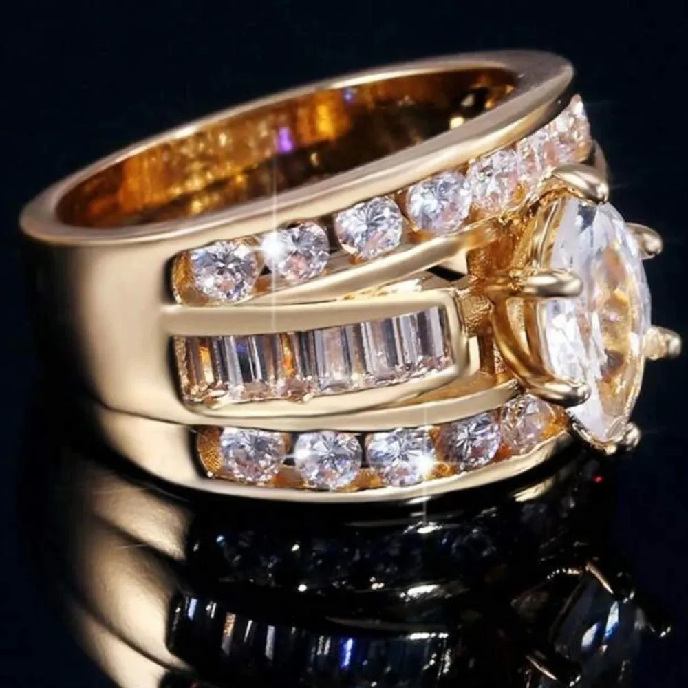Gorgeous gold band marquise faux diamond Wedding ring set ! so realistic! Size 6 - Image 4