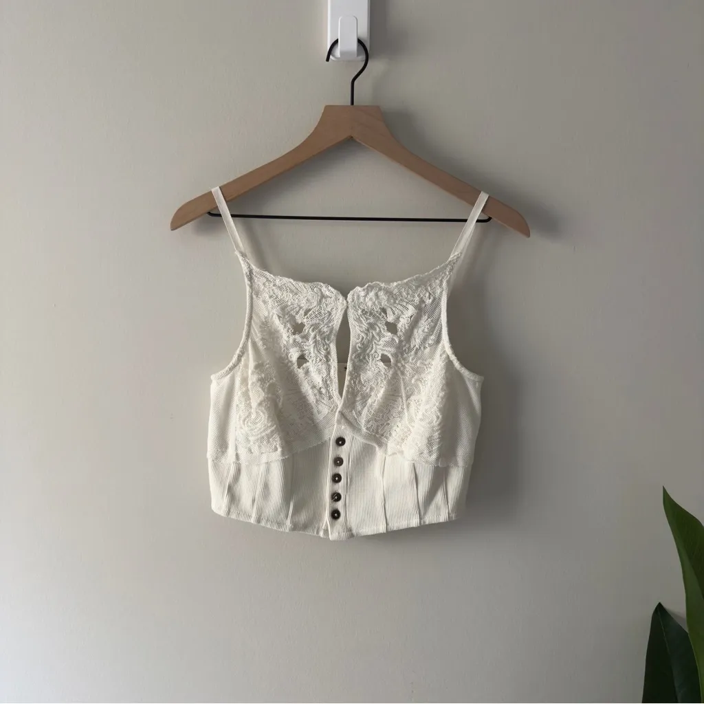 Have My Heart Tank Corset Top Cropped White Lace Button-Up Crop Spaghetti Strap - Image 3