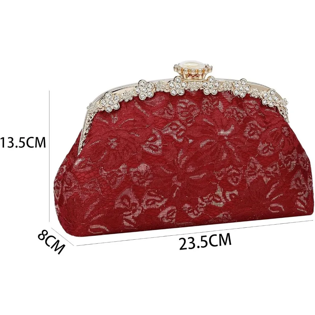 ⚡ Women's Red Fabric Lace Pearl Chain Rhinestones Shoulder Clutch Bag - Image 9