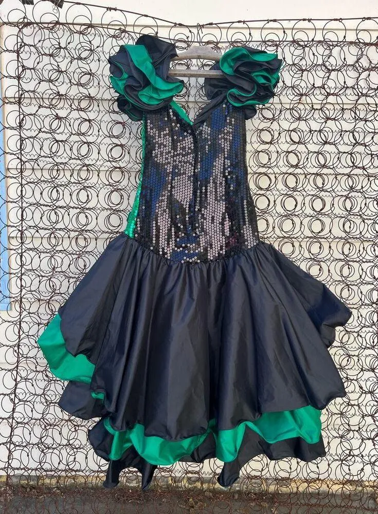 Vintage 80s Alyce Designs Green Black Sequin Ruffle Prom Ball Gown Mardi Gras XS - Image 4