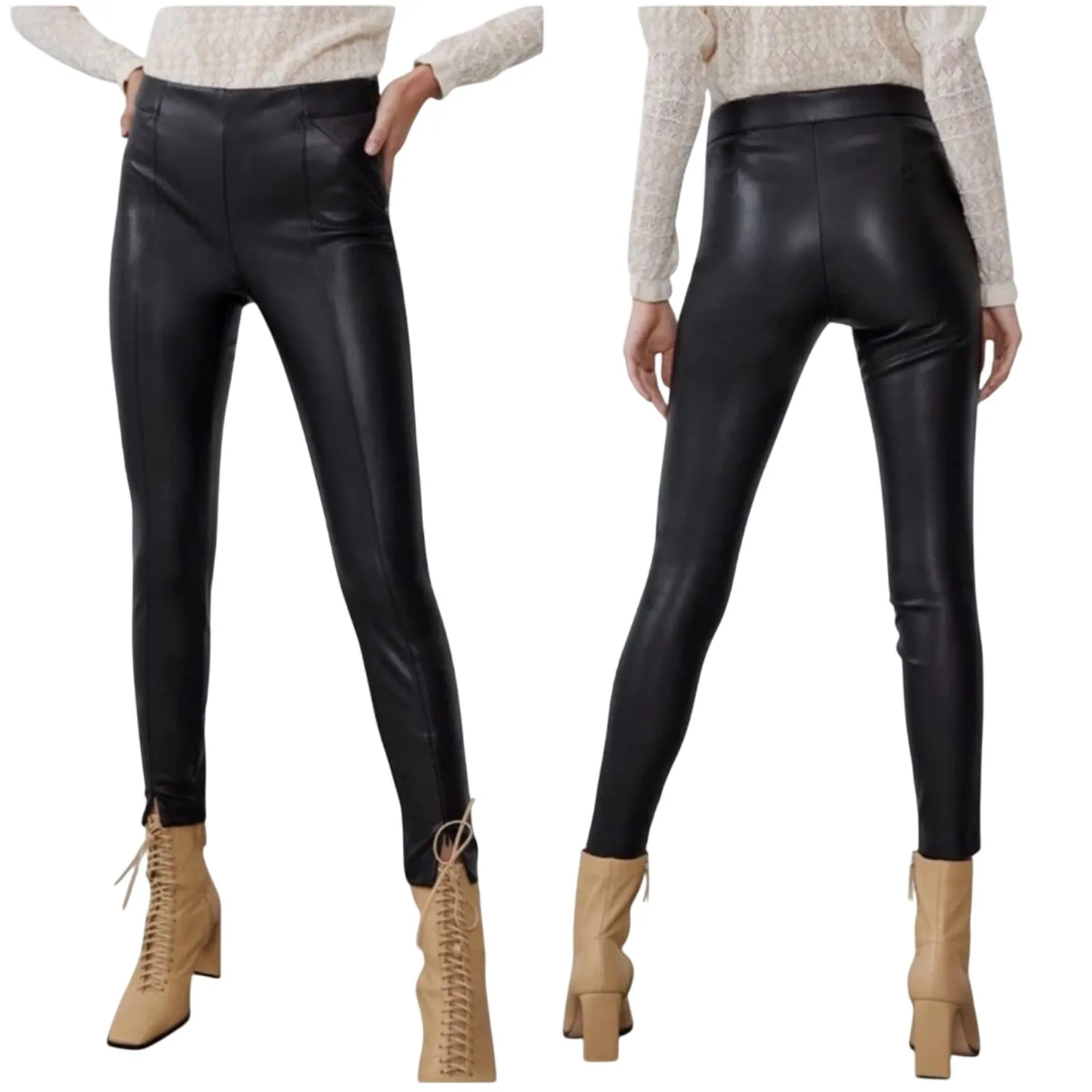 Zara Black Vegan Leather Skinny Pants Cropped Zip Rocker Style Size L - Image 2