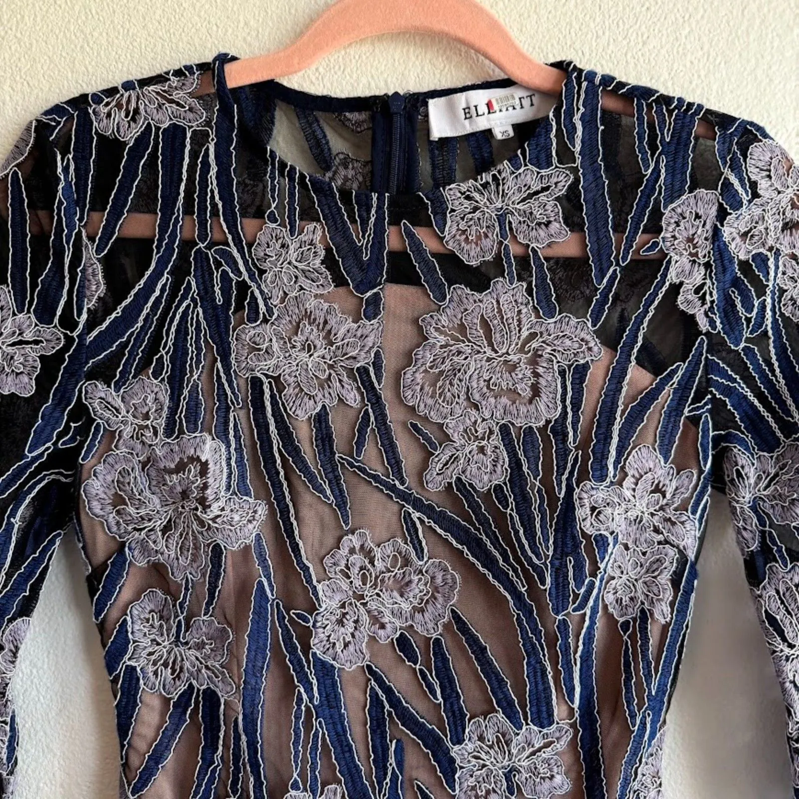 Elliatt Floral Lace Long Sleeve Midi Flare Dress in Black Blue & Purple size XS - Image 8