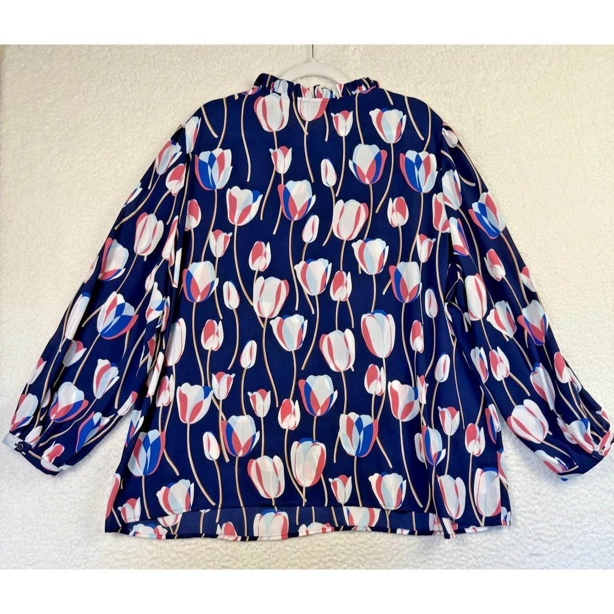 Talbots Blouse Womens 3X Blue Pink White Tulip Floral Print Ruffle Collar‎ Top - Image 2