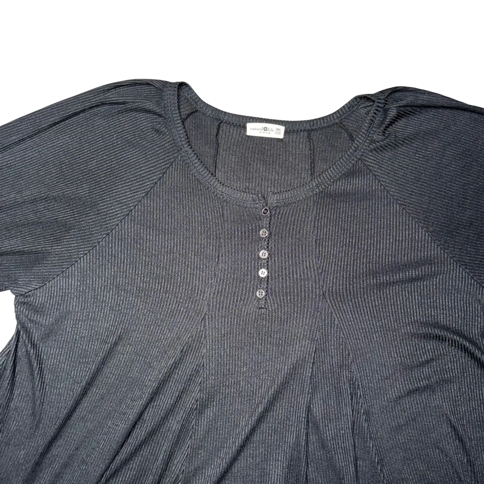 Natural Life Black Ribbed Henley Tunic Dress Flare Ruffle Sleeve Smocked One Siz - Image 2