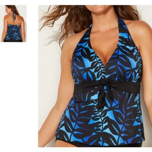 NEW Swimsuits for all sapo print women's blue & black halter tankini top size 24 - Image 2
