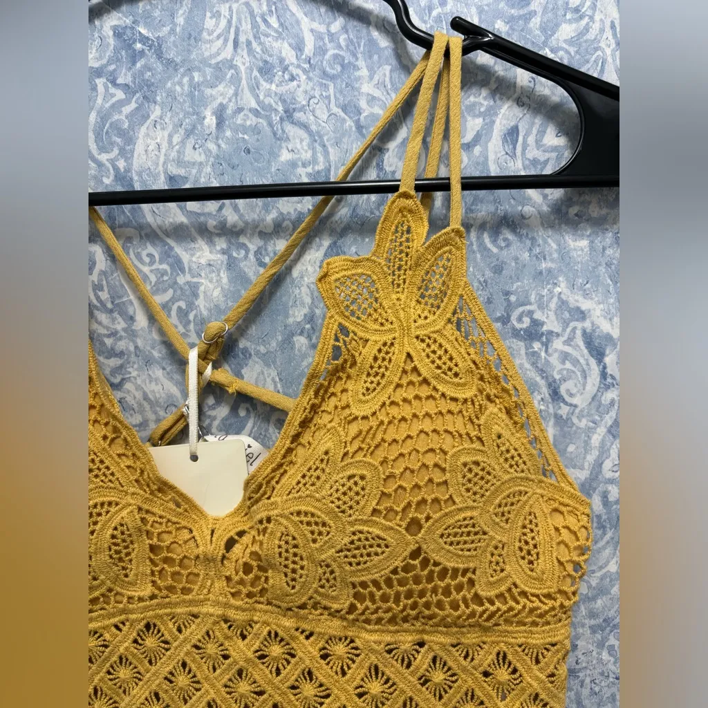 La Miel Tiare Bralette Long Padded Smocked Back Adjustable 100% Cotton S Mustard Yellow - Image 2