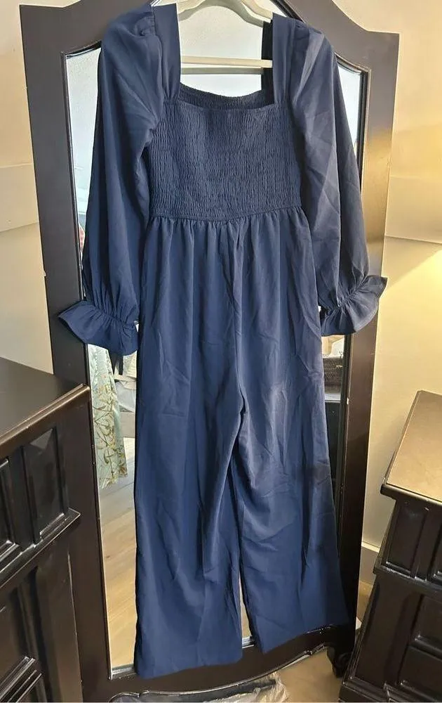 NEW Lantern Sleeve High Waisted Wide Leg Jumpsuit S Navy Blue - Image 5