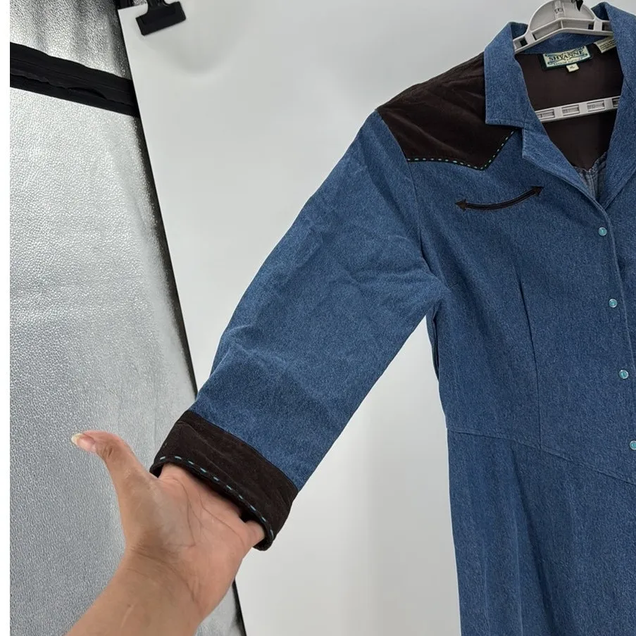 Shyanne western Cowgirl Denim Corduroy Trim turquoise snap button midi size XL - Image 7