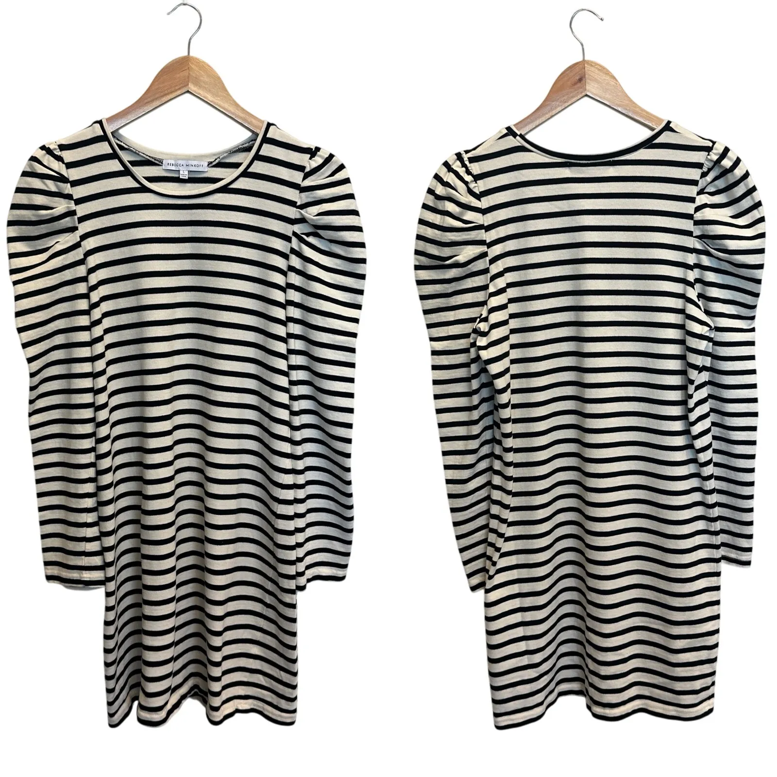 Rebecca Minkoff Talia Puff Sleeve Ivory Black Stripe Dress Preppy Coastal Large - Image 2