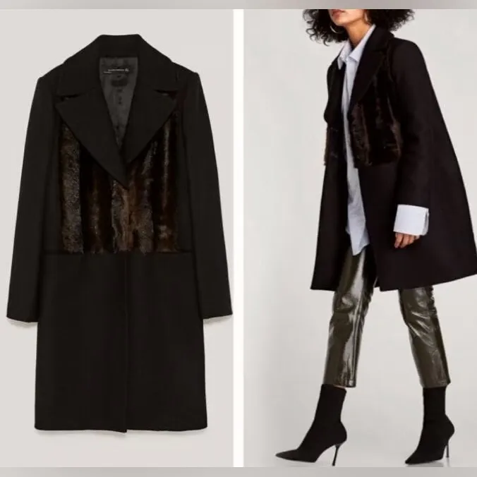 Zara Black Wool Faux Fur Contrasting Coat Medium - Image 2