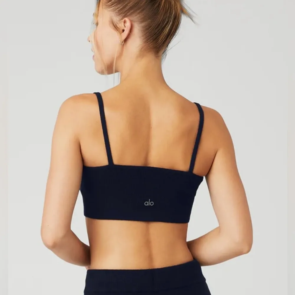 NWT Alo Yoga Cashmere Jet Set Bra Navy Blue Size M Super Soft Deep V Neck - Image 2