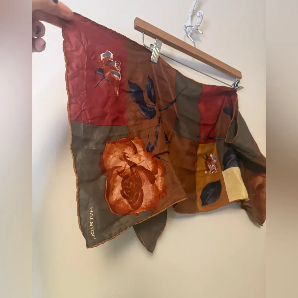 Halston Silk Scarf Vintage 1980’s Abstract Patchwork Floral Print Italy Red - Image 3