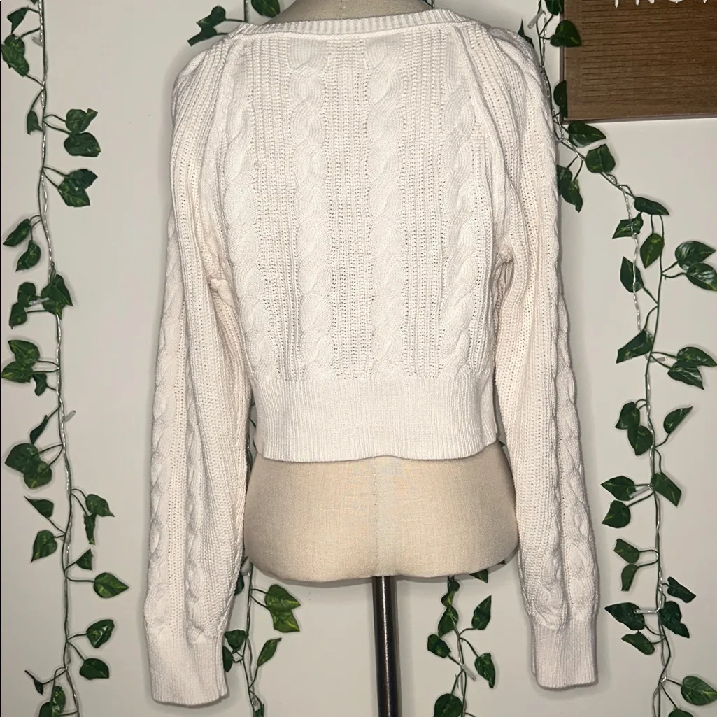 Aerie Chunky Knit Puff Sleeve Cropped Cardigan Sweater Ivory Cream White Trendy - Image 8