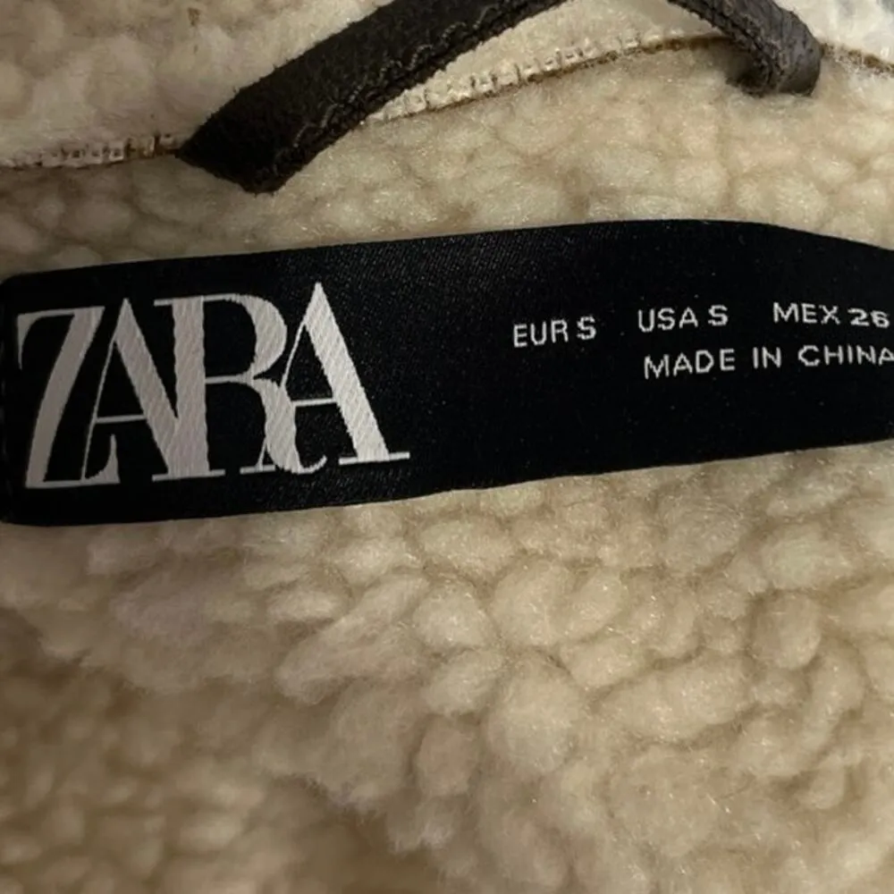 Zara Brown Vegan Faux Suede Leather Sherpa Shearling Zip Up Moto Coat Jacket S - Image 4