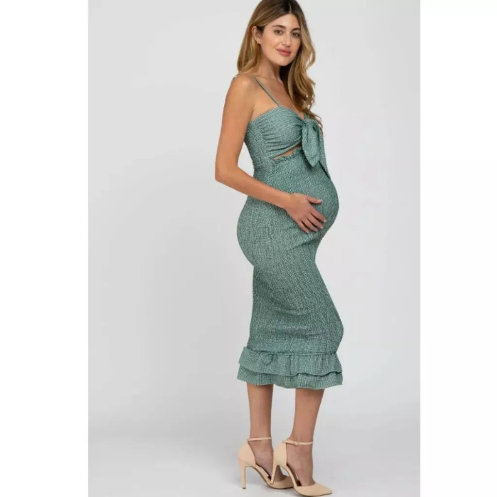 Pinkblush Mable Green Gingham Smocked Fitted Self-Tie Maternity Midi Dress S - Image 3