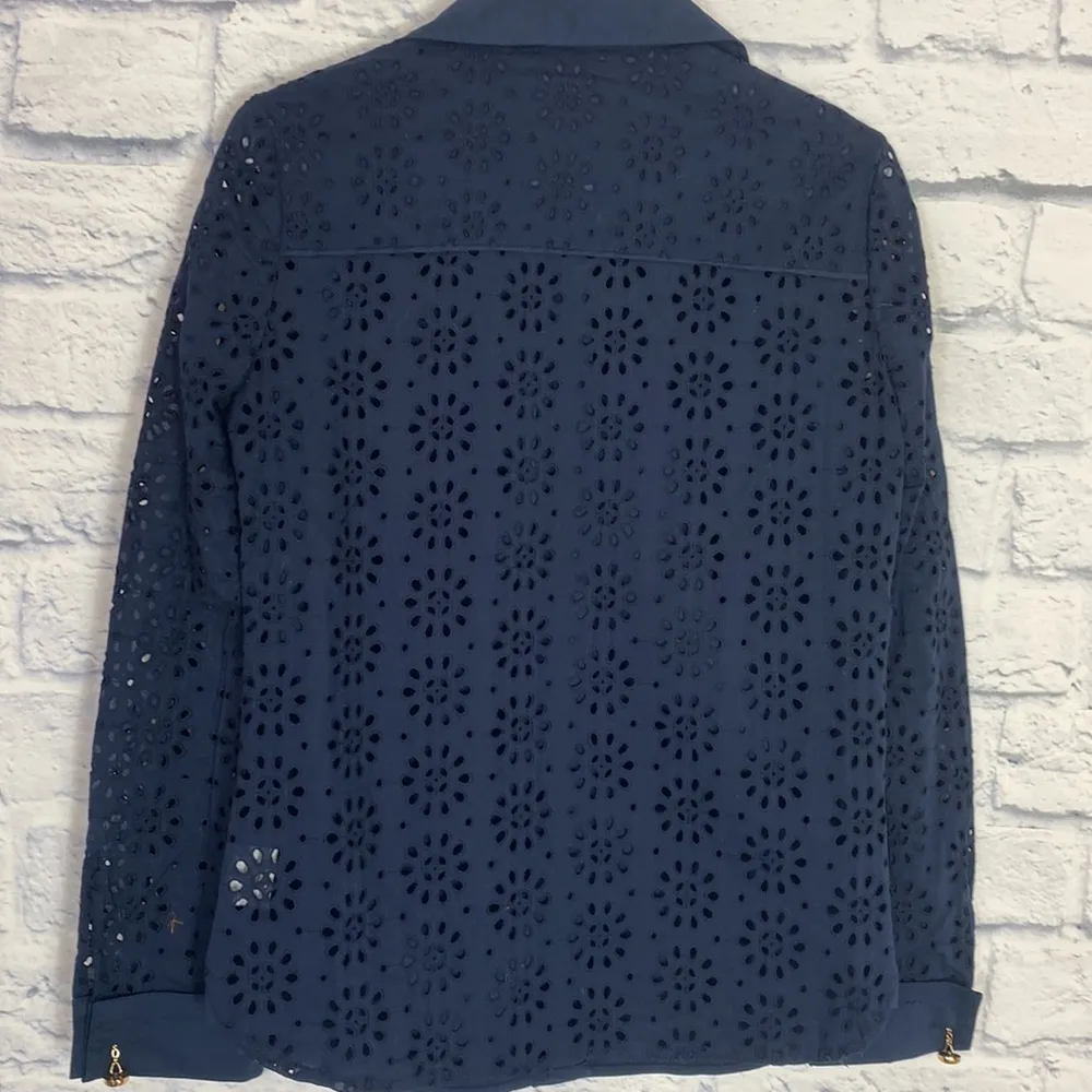 Tory Burch navy blue Liam eyelet sleeve button down top size 4 - Image 4