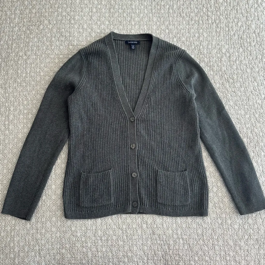 Lands’ End Ribbed Knit Gray Cardigan Sweater 100% Cotton V-Neck Size S - Image 5