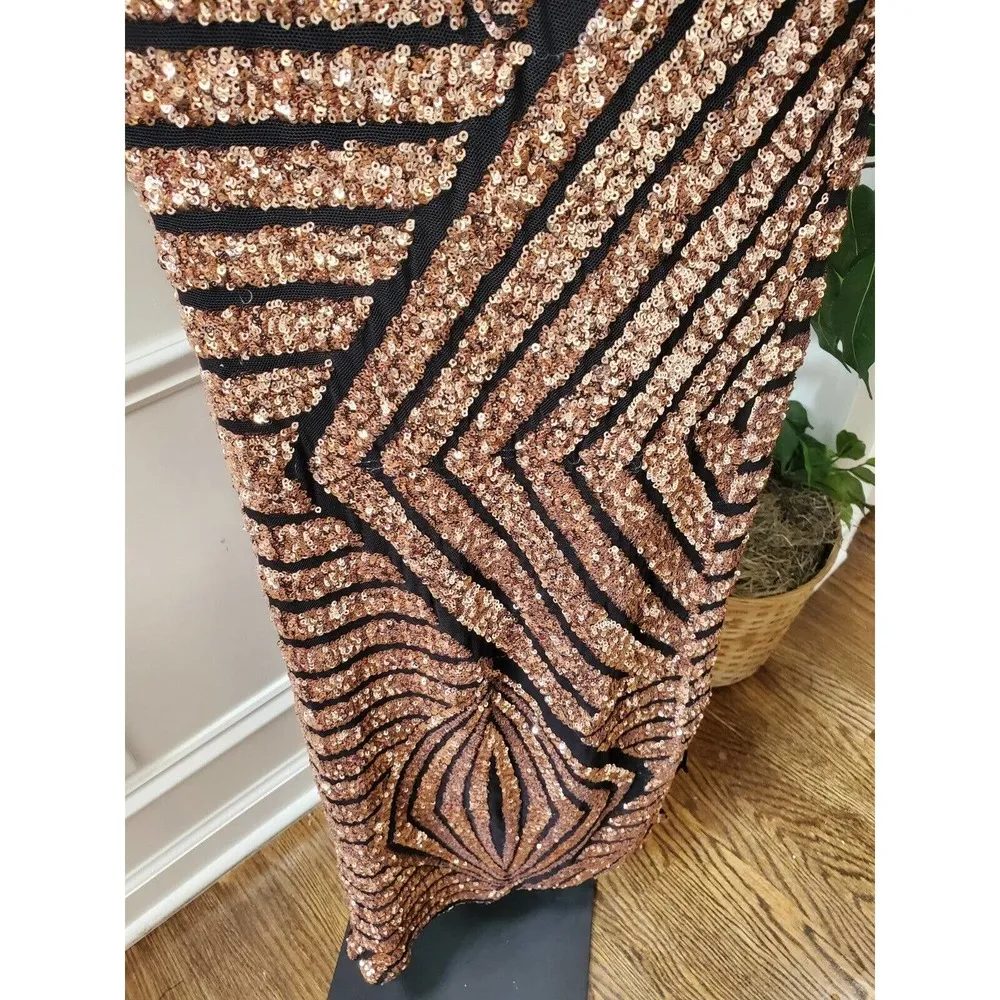 Cameo Sequins Black & Gold Polyester Halter Neck Party Wear Maxi Dress Small - Image 5