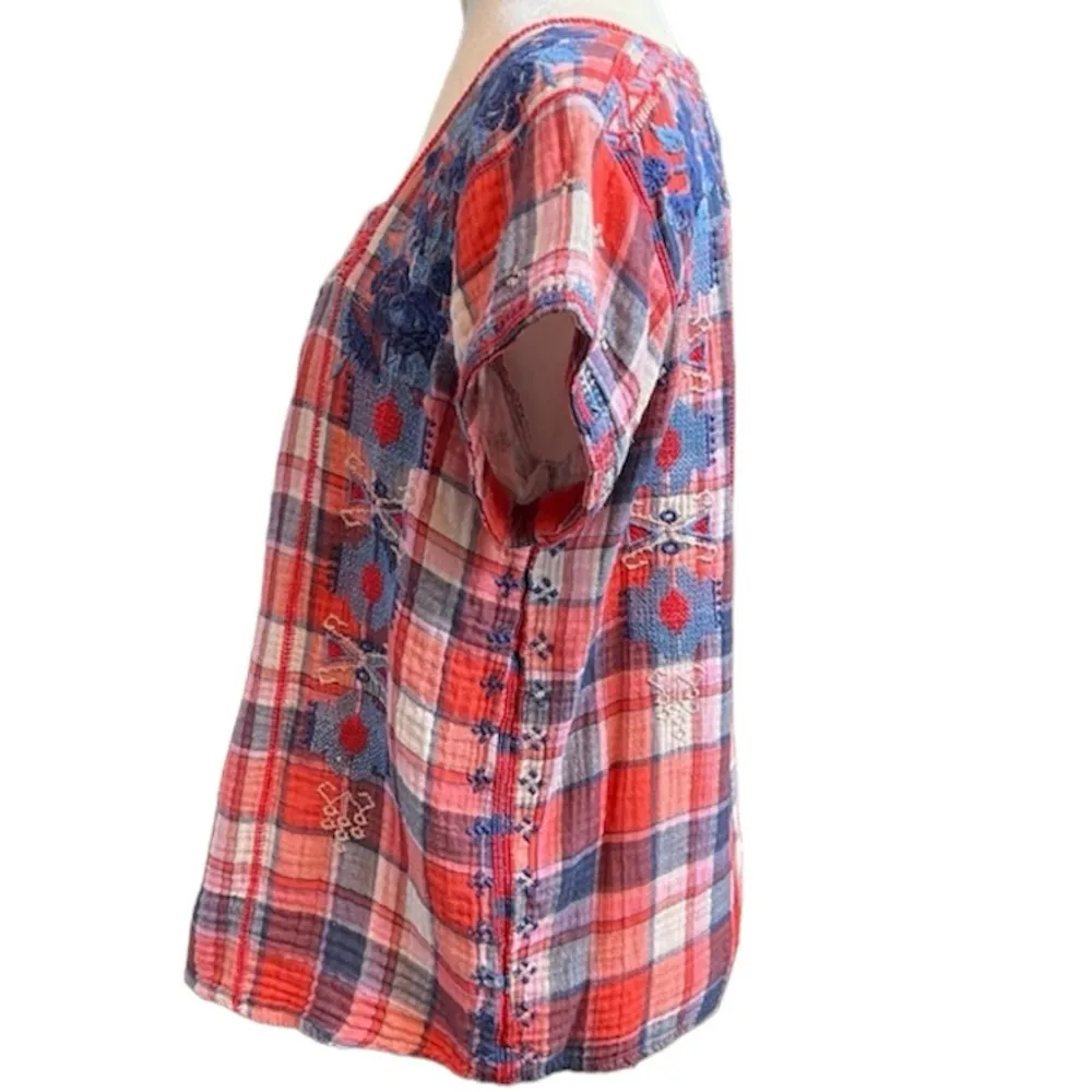 Johnny Was Workshop Zelda Mexican Plaid Embroidered Short Sleeve Red/Blue/White - Image 4