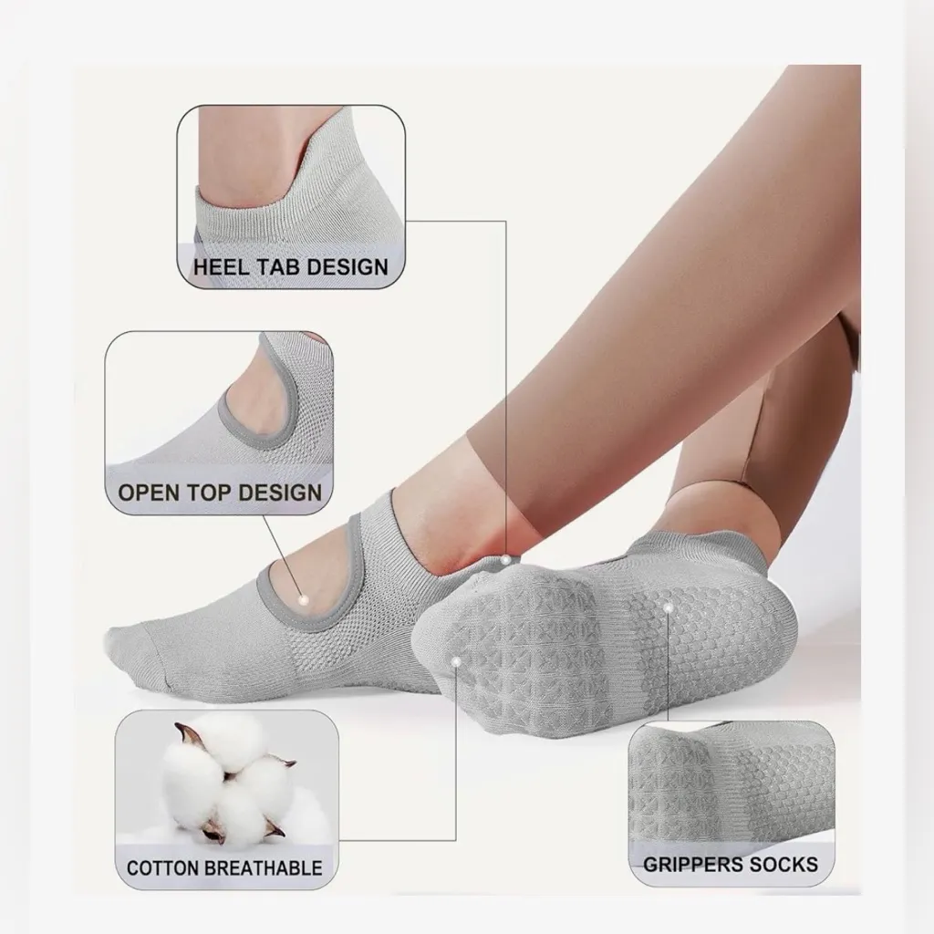 NEW Non Slip Yoga Socks 3 Pairs Grips Pilates Socks Ballet,Dance,Fitness Gray - Image 2