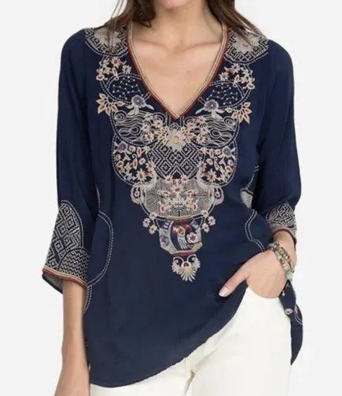 Johnny Was Peyton Blouse Women's S Colorful Embroidered Blue Rayon Boho V-neck - Image 1