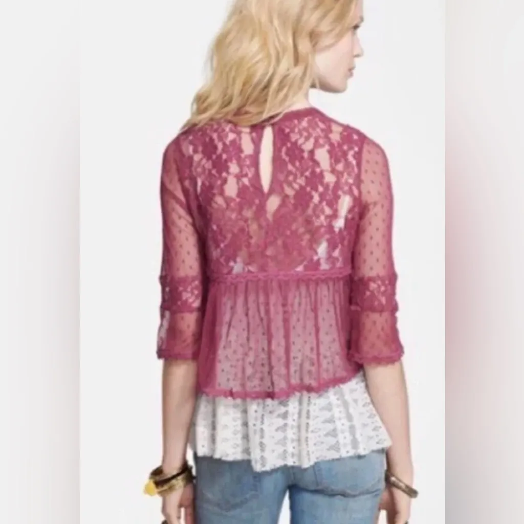Free People Modern‎ Romance Sheer Lace Peplum Top Blouse in Rutabaga Mauve XS - Image 2