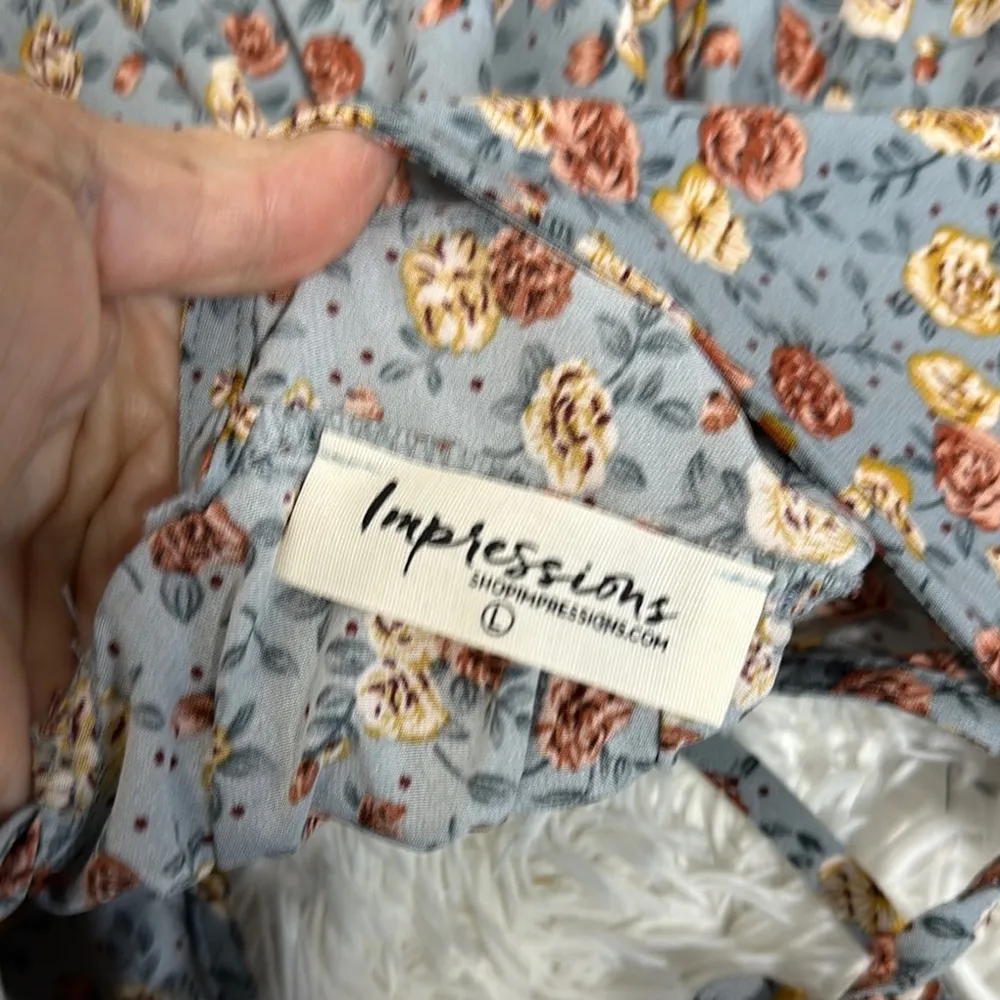 Impressions Blue Pink Tie Front Long Sleeve Lightweight Blouse balloon sleeves - Image 2