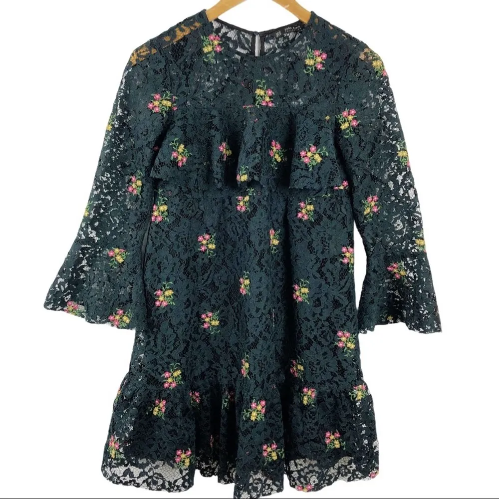 Zara Floral Lace Embroidered Mini Ruffle Bohemian Dress XS - Image 4