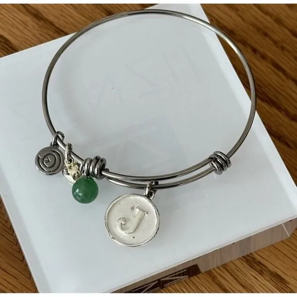 Love This Life " J “ Initial Silver Plated Stainless Steel Charm BangleBracelet - Image 1