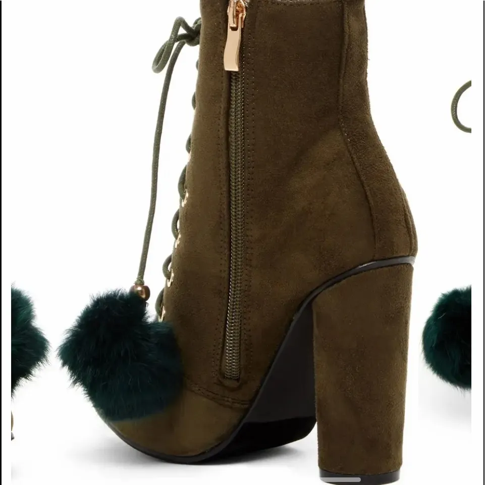 Catherine Malandrino Olive Green Fur Pom Pom Ankle Bootie - Image 3