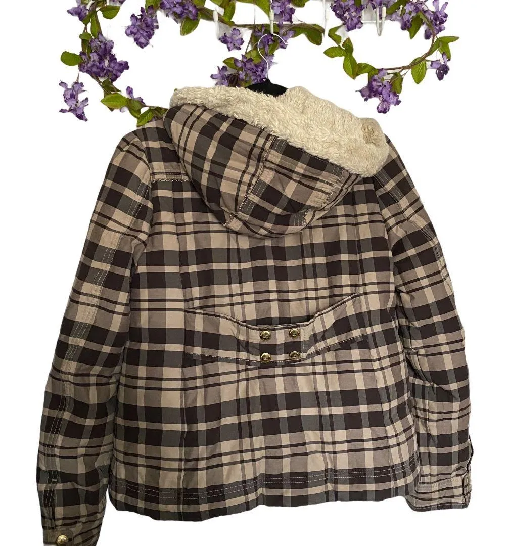 Plaid Warm Puffer my Jacket Coat With Faux Fur Hood. - Image 3