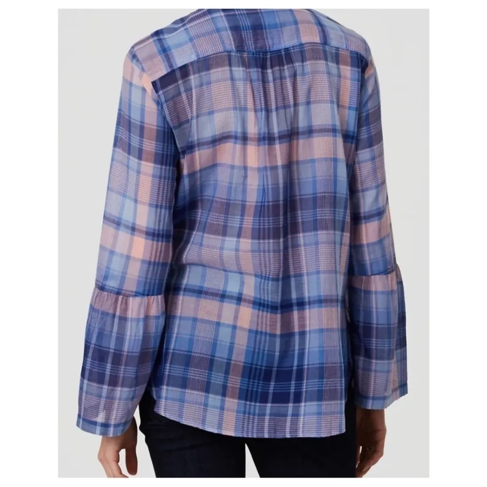 Ann Taylor LOFT Cotton Blue Plaid Bell Sleeve Softened Shirt Top Size Large - Image 2