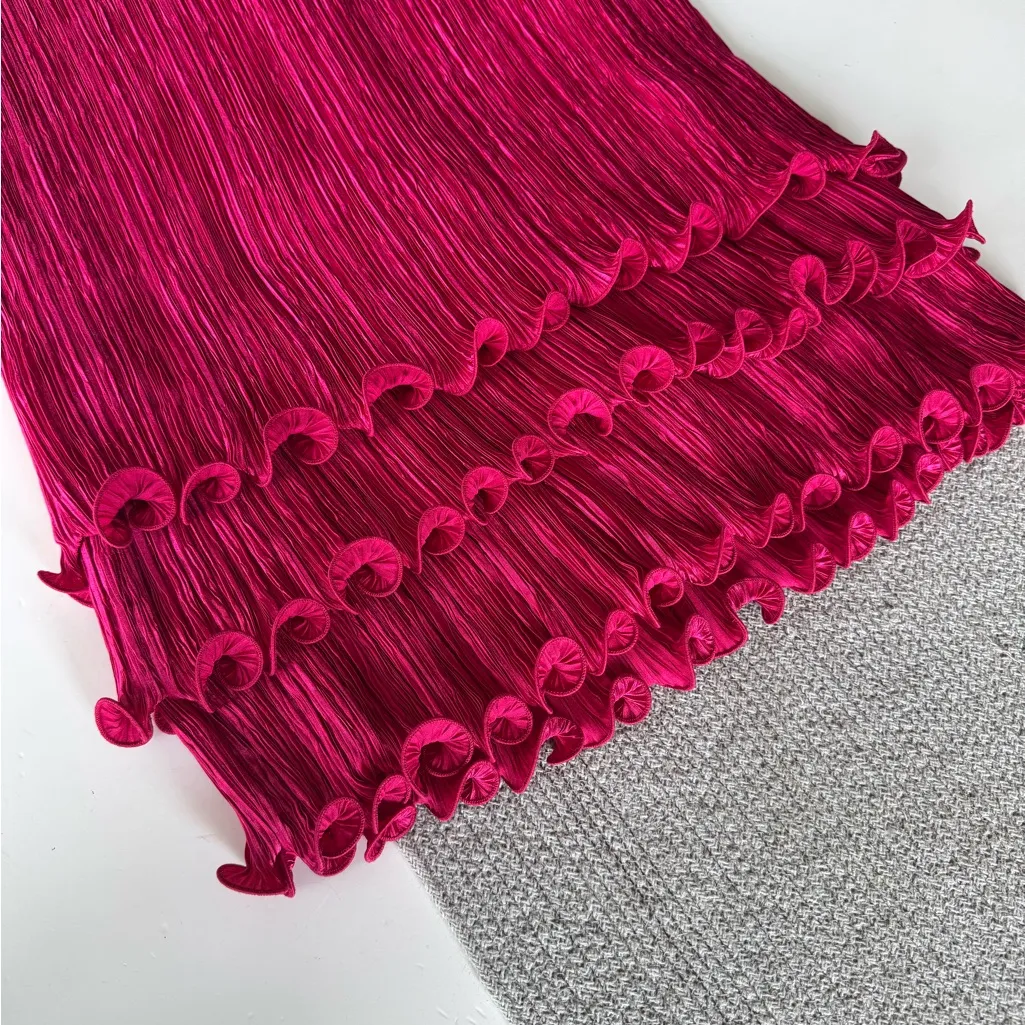 Vintage 80s Aram Hot Pink Plisse V Neck Ruffle Sleeve Bottom Prom Formal Dress 4 - Image 12